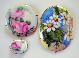 Antique Victorian Three Painted Porcelain Pin Brooches Roses And Daises