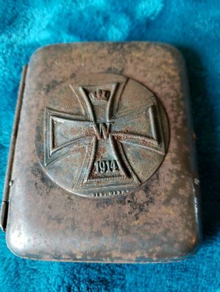 Rare Antique German Cigarette Case With Wwi Iron Cross On Top Alpacca K&k