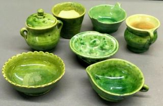 Antique Green Ceramic Miniature Doll Dollhouse Serving Dishes Set