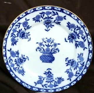 Antique 19th C Delft Plate Basket & Flowers Gold Rim - Pudgy Flowers Blue White