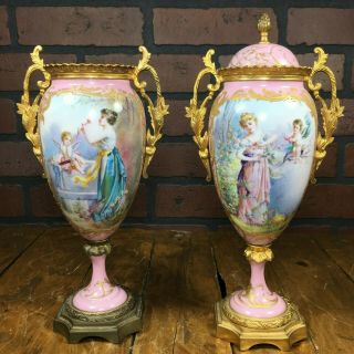 Antique 19th Century Sevres France L Henry Hand Painted Porcelain Vase 11.  5 " Urn