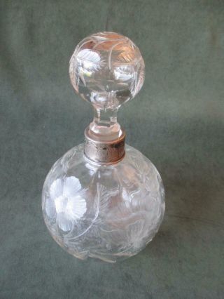 Great Engraved Crystal Decanter W/ Sterling Collar