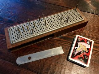 Antique Cribbage Board C.  W.  Lecount Patent 1879,  Wood W/ Metal Top,  Pegs.