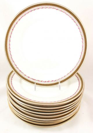 Set 9 Antique Plates 8.  75 " Limoges France China Pink Rose Greek Key Gold White
