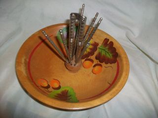 Vintage Acorn Leaf Painted Wood Nut Bowl With Cracker & 6 Pick Tools Dish