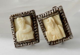Antique Silver Chinese Carved Bone Emperor Earrings