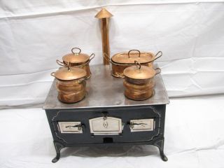 Antique Tin Toy Wood Cook Stove Doll House W/copper Pots Salesman Sample