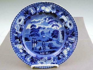 Antique Staffordshire Blue Transfer 8 1/4 " Plate Men & Lady With Basket Dog 1825
