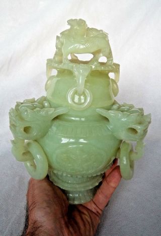Antique Chinese / Qing / Republic C1900 Jade Dragon & Qilin Censer / Vase