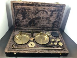 Portable Vintage Jewelers Brass Scale With Weights In Brown Velvet - Lined Box
