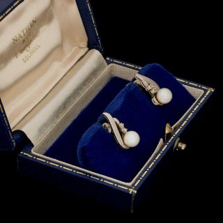Antique Vintage Art Deco Retro 14k White Gold Akoya Pearl Diamond Spray Earrings