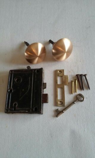 Vintage Cast Iron Rim Lock Set W/ Brass Knobs,  Catch,  Key,  Screws