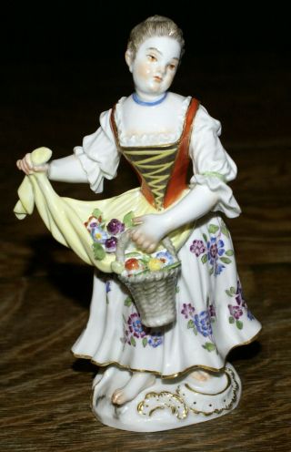 Antique Meissen Figurine Young Lady Gardener Gathering Flowers 5.  25 " High
