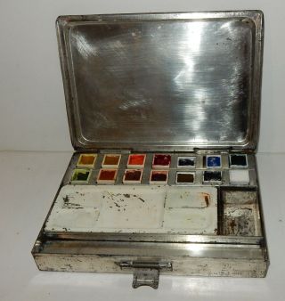 Antique English Metal Water Color Paint Box with Palette Water & Brush Storage 2
