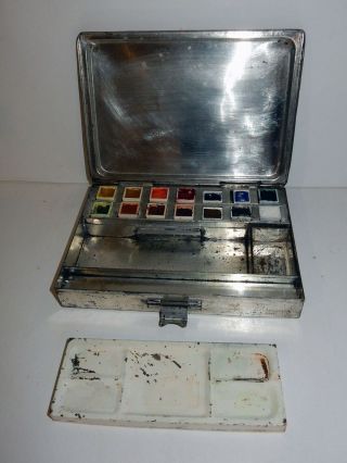 Antique English Metal Water Color Paint Box with Palette Water & Brush Storage 3