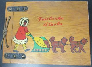 Vintage Wood & Leather Bound Photo Album Fairbanks Alaska W/sled Dogs