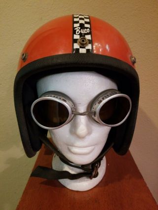 Vintage Buco Enduro Motorcycle Helmet Orange With Black & White Checkered Stripe