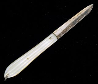 Antique Jyc Sterling Silver Blade Fruit Pocket Knife Grooved Mother Of Pearl