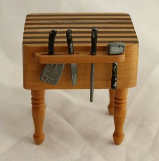 Vintage Dollhouse Miniature Kitchen Chopping Butcher Block Wood Knives Sharpener