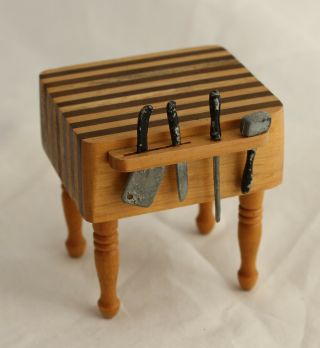 Vintage Dollhouse Miniature Kitchen Chopping Butcher Block Wood Knives Sharpener 2