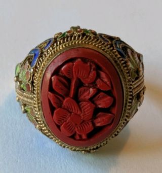 Antique Chinese Sterling Silver Enamel Carved Cinnabar Ring