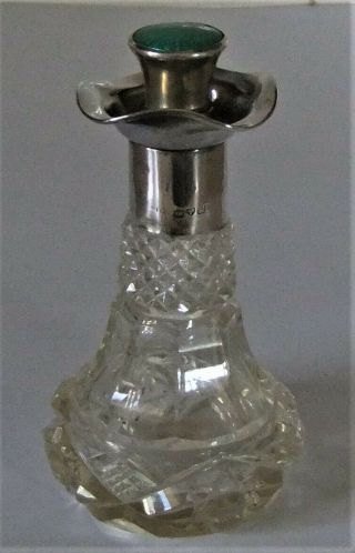 Antique Silver Cut Glass Scent Bottle With Silver Enamel Stopper.  Chester 1908.