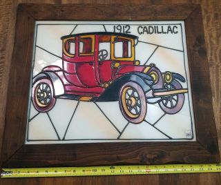 1912 Cadillac Faux Stained Glass Panel Hand Painted Rustic Wood Framed