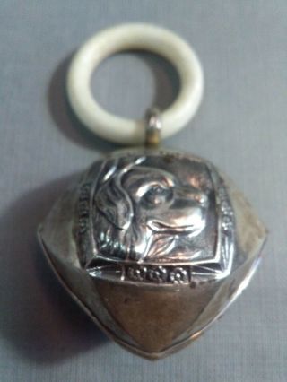 Antique Or Vintage Solid Silver Baby Rattle To A Dog Face Hallmarked