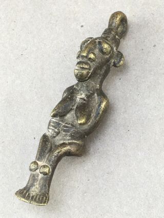 African Bronze Tribal Figural Pendant Seated Woman 4 "
