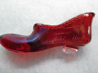 Antique Ruby Red Flash Glass Slipper,  Souvenir Of Blissfield,  Michigan