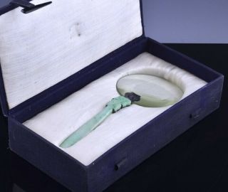 Great C1920 Chinese Silver & Apple Green White Jade Jadeite Magnifying Glass Box