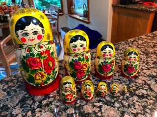 Large Vintage Russia/ussr Semenov Maiden Nesting Dolls Set Of 10