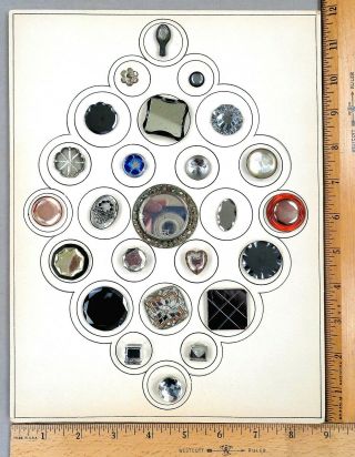 Card Of 25 Antique Buttons,  Assorted 1800s Clear Glass W/ Mirrored Backs,