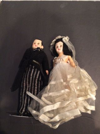 Bride and Groom Doll Set - Vintage - Antique - Runner Band Necks Cake Toppers 6