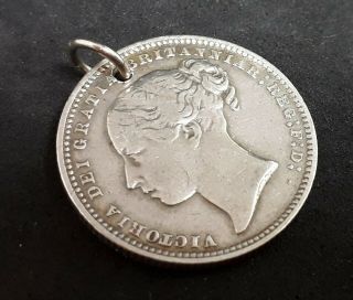 Victorian Silver One Shilling Coin Fob Victoria C.  1850s Antique Fob Pendant (a)