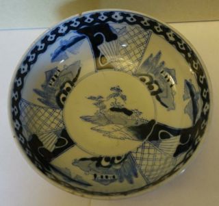 F - 17 Antique Japanese Meiji Porcelain Hand Painted Blue And White Dish Bowl