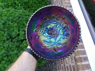 Antique Imperial Carnival Glass Open Rose Amethyst Bowl Electric Iridescence