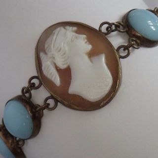 Antique Edwardian Art Deco Carved Shell Cameo Turquoise Glass Bracelet