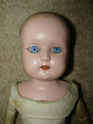 Minerva 16 " Tin / Metal Head Antique Doll,  Glass Eyes,  Kid Leather Body,  Cute