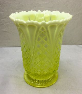 ANTIQUE VASELINE/CANARY OPALESCENT GLASS VASE - 5.  75”,  Registry,  Dia/Shell? 2