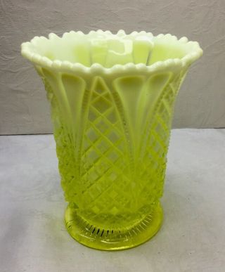 ANTIQUE VASELINE/CANARY OPALESCENT GLASS VASE - 5.  75”,  Registry,  Dia/Shell? 3