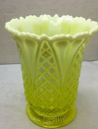 ANTIQUE VASELINE/CANARY OPALESCENT GLASS VASE - 5.  75”,  Registry,  Dia/Shell? 4