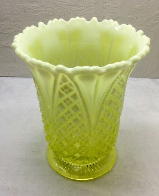 ANTIQUE VASELINE/CANARY OPALESCENT GLASS VASE - 5.  75”,  Registry,  Dia/Shell? 5