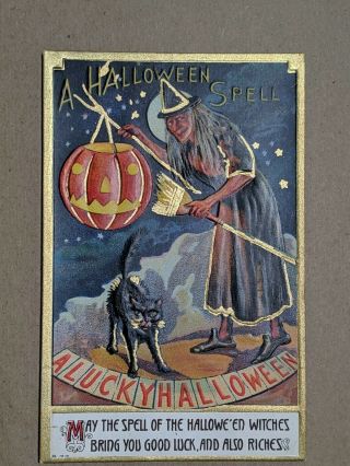 Circa 1912 Antique Lucky Halloween Postcard W/ Witch Pumpkin & Black Cat