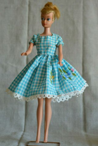 Vintage Barbie Handmade Turquoise Gingham Dress Fuzzy Flowers,  60s