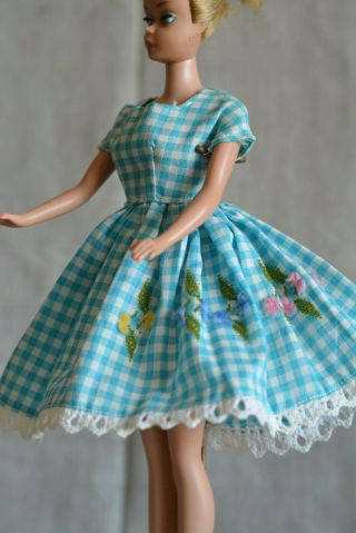 Vintage Barbie Handmade Turquoise Gingham Dress Fuzzy Flowers,  60s 2