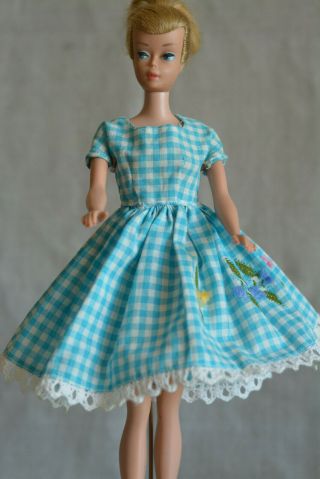 Vintage Barbie Handmade Turquoise Gingham Dress Fuzzy Flowers,  60s 3