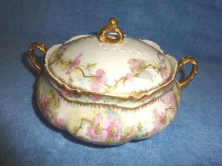 Pretty Antique Coronet Limoges Flower & Gold Covered Serving Bowl / Tureen