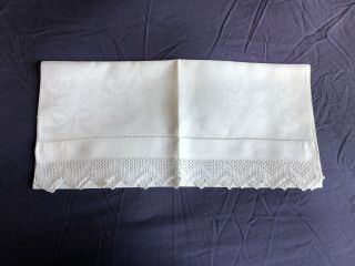 Vintage White Irish Linen Damask Huckaback Hand Towel Crocheted Edgings
