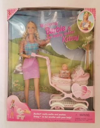 Walking Barbie And Baby Sister Krissy Doll Set Mattel 1999 Vintage